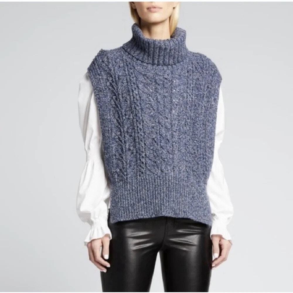 Veronica Beard Collina Sweater Vest Blue Cable Knit Wool Silk Turtleneck M/L - Picture 4 of 10